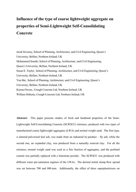 Pdf Influence Of The Type Of Coarse Lightweight Aggregate On