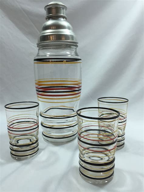 Vintage Glass Color Stripe Bands Aluminum Top Cocktail Martini Shaker With Matching Tumblers