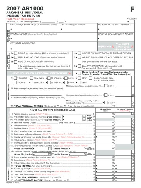 F Ar1000 Arkansas Individual Income Tax Return Full Year Resident Dept