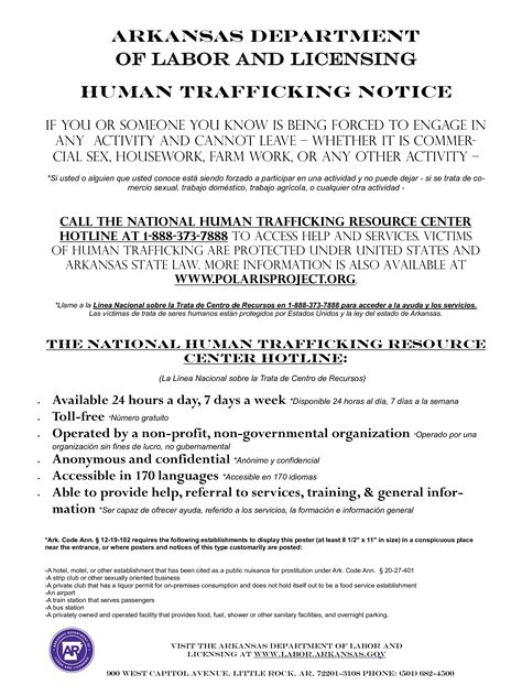 Free Arkansas Arkansas Human Trafficking Labor Law Poster 2023