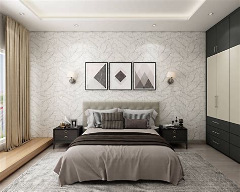 Master Bedroom Design With Light Grey Tufted Bed And Wardrobe Livspace