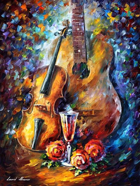 Romantic Guitar And Violin — Palette Knife Oil Painting On Canvas By
