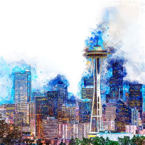 Seattle Skyline 01 Painting By Am Fineartprints Fine Art America