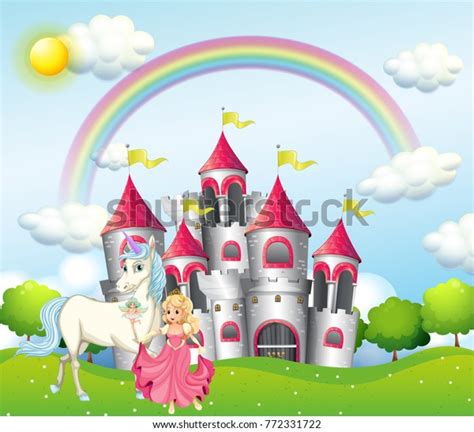 Escena De Fondo Con Princesa Y Unicornio En La Ilustración Del Castillo