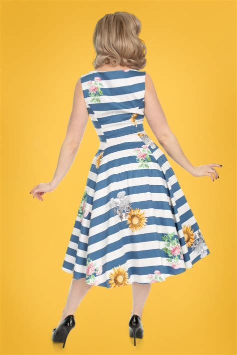 50s audrey striped sunflower swing dress in blue and white