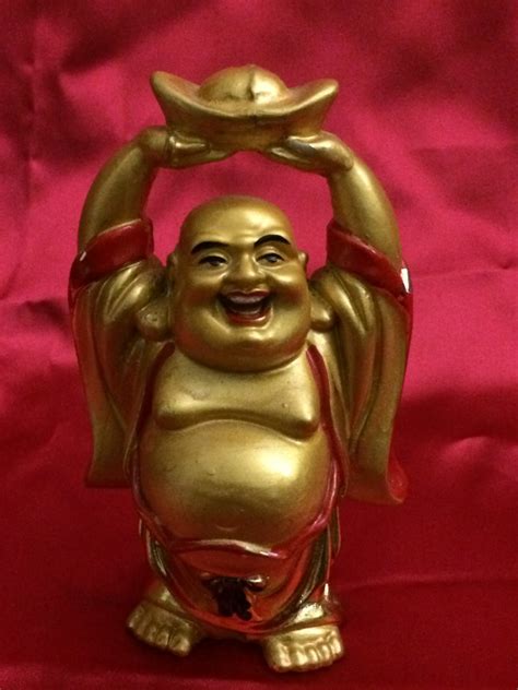 Laughing Buddha Statue Small Gold Brass Figurine Handmade Sculpture