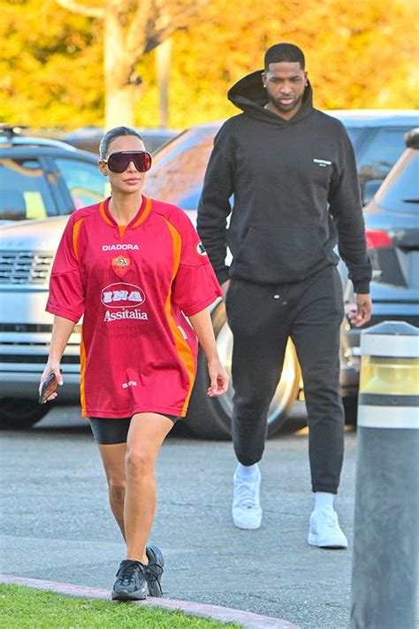 tristan thompson and kim kardashian walk into north s basketball game hollywood life
