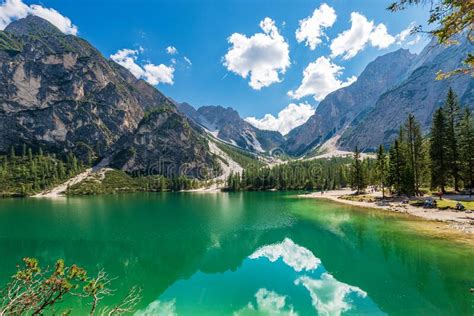 Small Beautiful Lake In Italian Alps Pragser Wildsee Or Lago Di