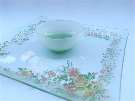 Decorative set of 3 square glass serving tray with pu handles. Vintage Floral Chip Dip Glass Square Serving Tray Bowl ...