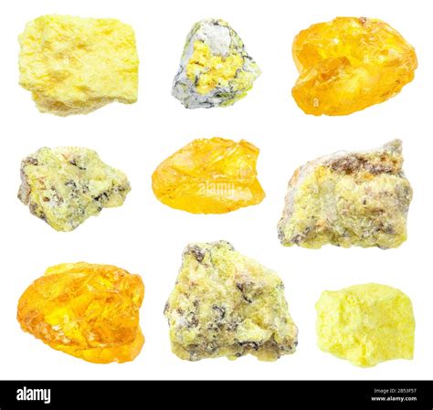 Set Of Various Sulphur Sulfur Minerals Isolated On White Background