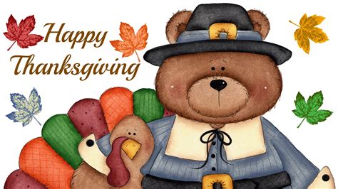 Happy Thanksgiving Word With Leaves Bear Turkey Hd Thanksgiving