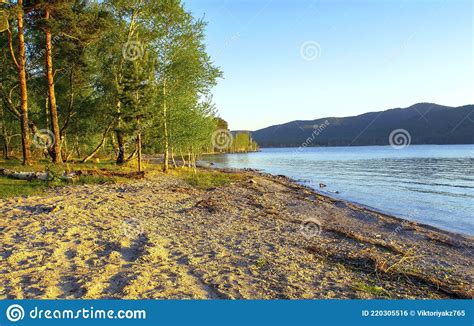 Calm Beautiful Sandy Beach On Lake With Mountains On The Background In