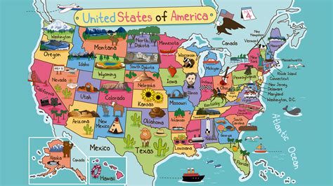 divertido mapa de estados unidos de dibujos animados dibujados a mano
