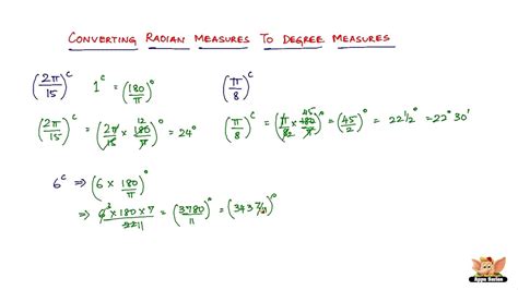 Recall that pi radians is equivalent to 180 degrees. How to convert radian measure to degree measure? - YouTube