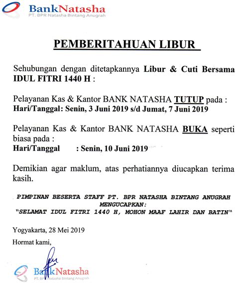 Pemberitahuan Libur Hari Raya Idul Fitri 1440 H Bpr Natasha