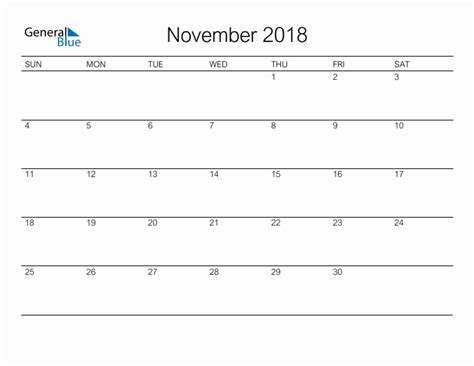 Printable November 2018 Monthly Calendar Sunday Start
