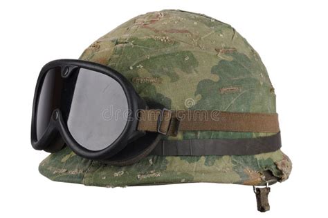 Us Army Helmet Vietnam War Period With Camouflage Cover Goggles Stock