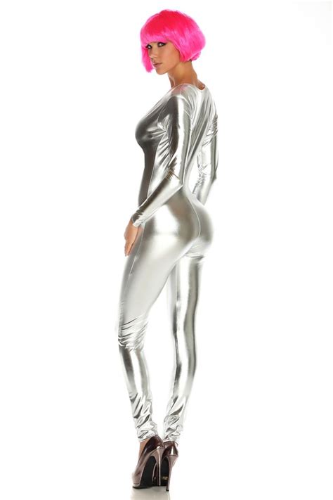 Adult Metallic Zipfront Silver Women Bodysuit 4999