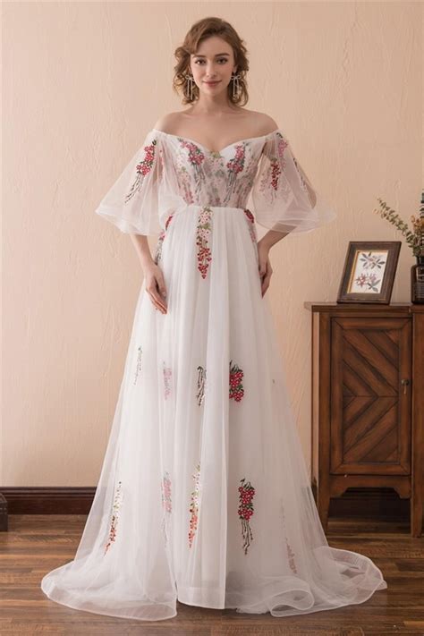 Princess Off The Shoulder Flare Sleeve Tulle Floral Embroidery Prom Dress