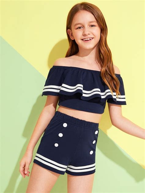 Shein Girls Ruffle Trim Bardot Top And Double Button Shorts Set Tween