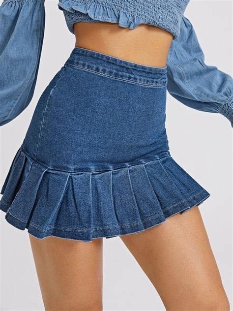 Zip Back Pleated Ruffle Hem Denim Skirt In Hem Skirt Outfit