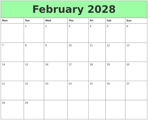 February 2028 Printable Calendars