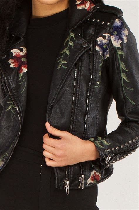Floral Embroidered Leather Jacket In Black Floral Leather Jacket