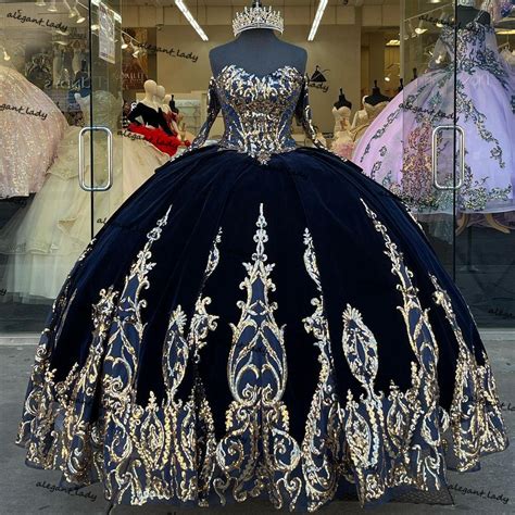 Navy Blue Velvet Ball Gown Quinceanera Dresses With Sequins Applique
