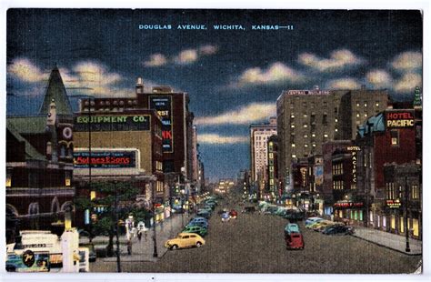 Postcard 1940s Wichita Kansas Douglas Avenue Hand Colored Photo