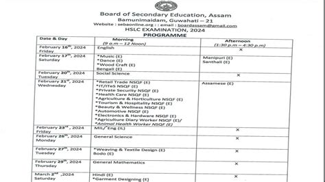 Assam Hslc Routine Released Seba Th Exam From Feb Check Pdf