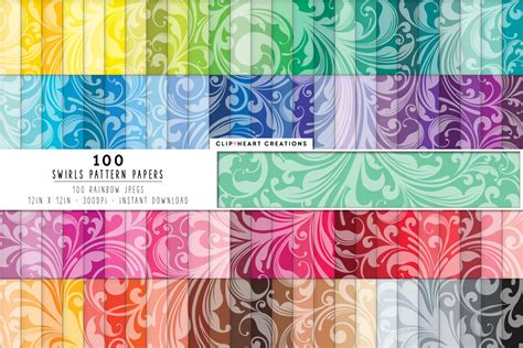 100 Swirls Pattern Digital Papers Rainbow Colors 127799
