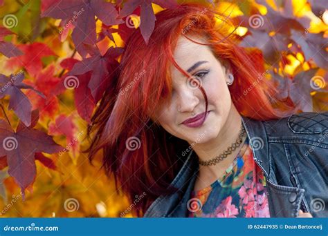 Beautiful Redhead Girl In Autumn Scene Stock Image Image Of Foliage