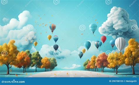 Hot Air Balloons Flying Over a Road Stock Illustration - Illustration