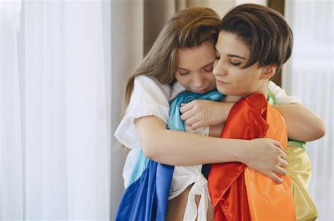 Lesbians Hug And Love Each Other With Lgbt Flag Stock Image Image Of