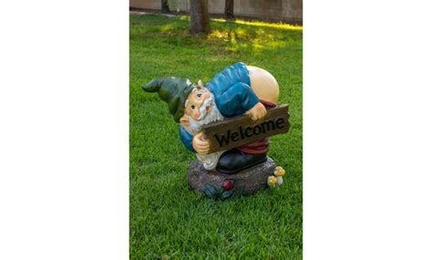 Alpine Mooning Gnome With Welcome Wood Sign Statue Inch Tall