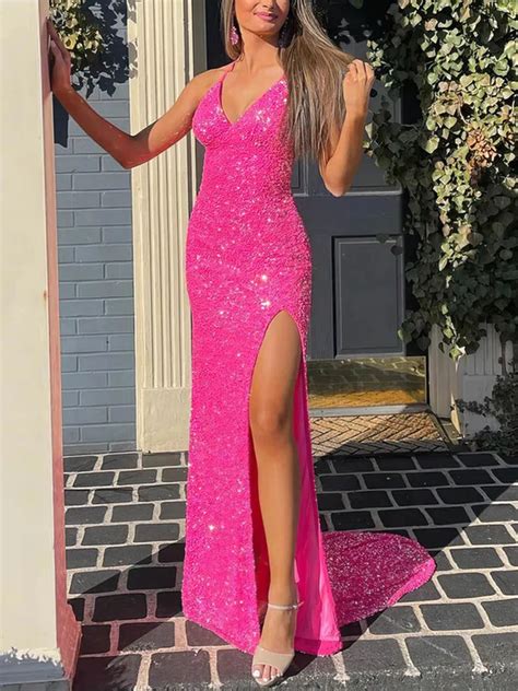 Sheathcolumn V Neck Sequined Sweep Train Prom Dresses With Split Front