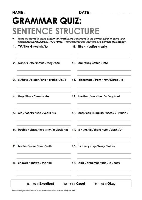 Grammar Sentence Worksheet