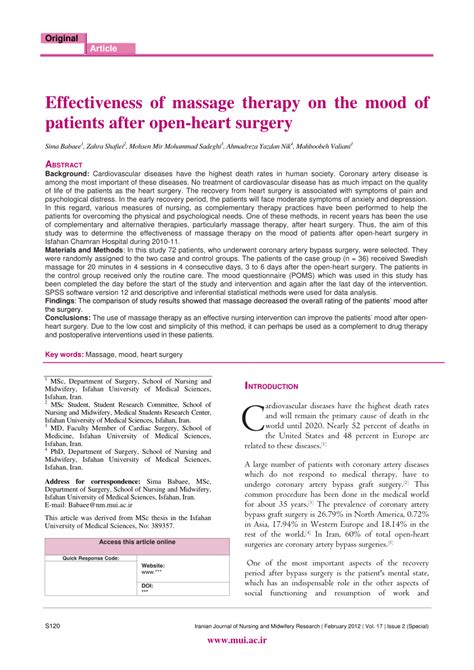 pdf effectiveness of massage therapy on the mood of patients after open heart surgery