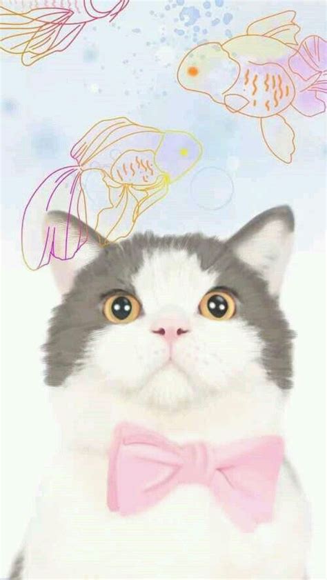 Grey White Pink Bowtie Cat Iphone Phone Wallpaper