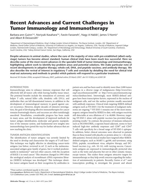 Pdf Recent Advances And Current Challenges In Tumor Immunology And