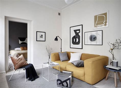Yellow Sofa And Dark Gray Bedroom Modern Scandinavian Apartment