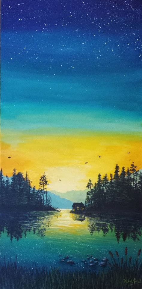 12x24 Calm Lake Relaxing Dusk Acrylic Painting With Cabin Mountains