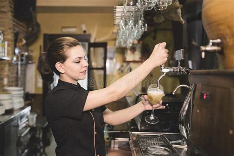Waitress Tapping Faucet Beer In Bar Stock Photo Image Of Foreground