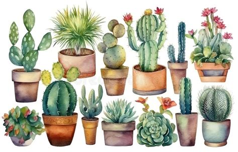 Cactus Watercolor Cacti Plant Hand Drawn Illustration On White