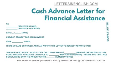 Cash Advance Letter For Financial Assistance Letter For Cash Advance