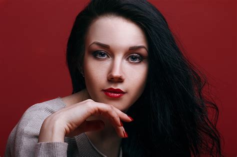 Woman Model Girl Face Lipstick Blue Eyes Brunette Long Hair Wallpaper