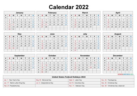 2022 Calendar Excel With Holidays Customize And Print