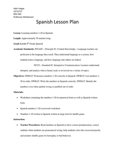 Spanish Lesson Plan Lesson Plan Spanish Language