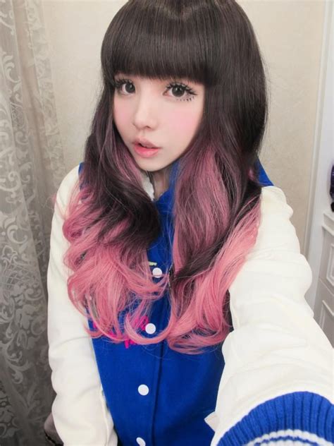 Long Curly Hair With Straight Bangs Brown Color With Pink