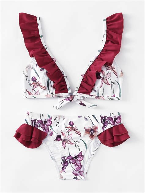 Flower Print Ruffle Bikini Set Bikini Set Swimsuits Outfits Bikinis